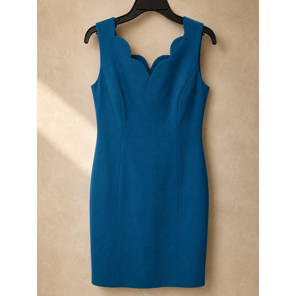 Talbots Women Dress 8 Blue Scalloped Neckline Sleeveless Sheath Ponte Midi